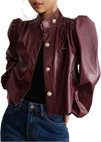 SweatyRocks Women's Faux Leather Jacket Puff Long Sleeve Button Down Cropped Jackets Lightweight Coat in Saudi Arabia