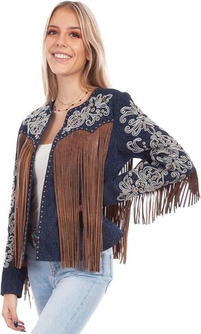 Scully Women's Demin Embroidered Floral And Beaded Stud Fringe Leather Jacket - L1073 in Saudi Arabia