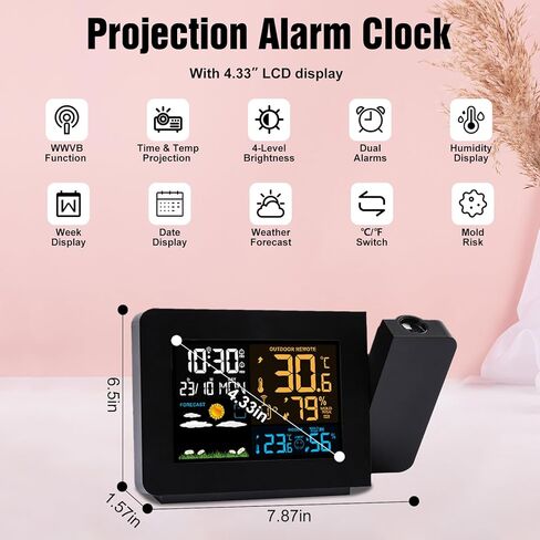 Projection Alarm Clock with Weather Station, Atomic Alarm Clocks for Bedrooms, Radio Control Clock with WWVB Function Dual Alarms Snooze Outdoor Wireless Temperature Humidity Sensor in Saudi Arabia