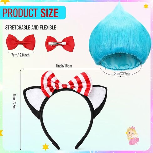 Zeyune 5pcs Blue Funny Hair Wigs, Cat Ears Headband with Striped Bows, Red Bows for Reading Week Halloween Costume Cosplay in Saudi Arabia