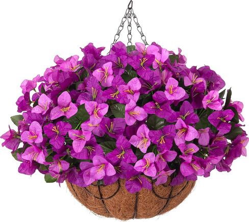 Artificial Fake Hanging Plants Flowers with Basket Outdoors Summer Decor, Faux Silk Pink Bougainvillea in Pot Planter Realistic UV Resistant for Outside Home Yard Porch Patio Balcony, Pink in Kuwait
