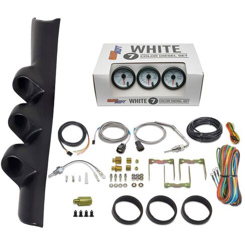 GlowShift Diesel Gauge Package Compatible with Dodge Ram Cummins 1500 2500 3500 1994-1997 - White 7 Color 60 PSI Boost, 1500 F Pyrometer EGT & Transmission Temp Gauges - Black Triple Pillar Pod in Saudi Arabia