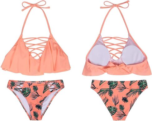 Girls Halter Neck Lace-up Swimsuit Kids Tankini Swimwear Two-Piece UV Protection Swimwear in Saudi Arabia