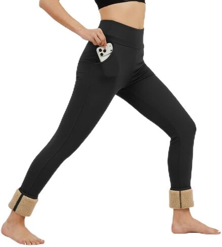 سراويل نسائية مبطنة بالصوف سراويل شتوية دافئة حرارية عالية الخصر للتحكم في البطن سراويل يوجا للركض مع جيوب in Kuwait