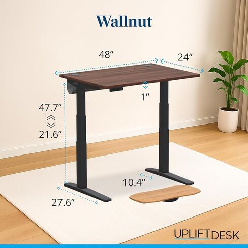 UPLIFTDESK V3 مكتب قائم من خشب الجوز المصقول ذو ساقين - ارتفاع قابل للتعديل، لوحة مفاتيح ذاكرة متقدمة بلمسة واحدة، إدارة الكابلات تحت المكتب، حلقات الأسلاك ولوحة الروك (إطار C أسود، 48 × 30 بوصة) in Kuwait