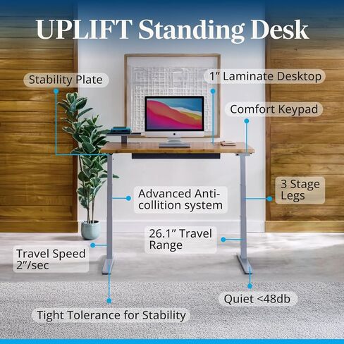 UPLIFTDESK V3 مكتب قائم من خشب الجوز المصقول ذو ساقين - ارتفاع قابل للتعديل، لوحة مفاتيح ذاكرة متقدمة بلمسة واحدة، إدارة الكابلات تحت المكتب، حلقات الأسلاك ولوحة الروك (إطار C أسود، 48 × 30 بوصة) in Kuwait