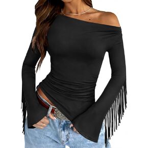 قطع علوية غربية هامشية للنساء ملابس الحفلات الريفية بأكمام طويلة قميص راعية البقر بكتف واحد شرابات غير متماثلة in Kuwait