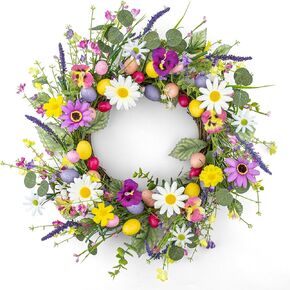 إكليل عيد الفصح الاصطناعي 22 بوصة أكاليل عيد الفصح للباب الأمامي إكليل البيض الملون مع الزهور والأوراق الخضراء لربيع وصيف جدار الشرفة المزرعة in Kuwait