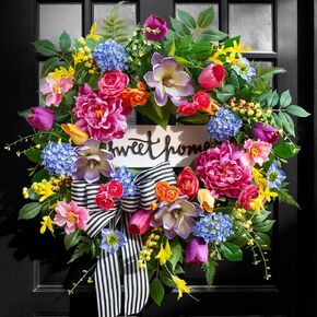 Spring Wreaths for Front Door Outside– 24 Inch Spring Door Wreath with Pink Peonies, Roses,Blue Hydrangeas&Yellow Tulips,Colorful Welcome Summer Wreaths for Front Door Porch & Entryway Decor in Kuwait