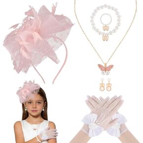 Fascinators Hats for Girls, Pink Tea Party Mesh Headband with Lace Gloves and Butterfly Jewelry Set for Kentucky, Wedding, Tea Party and Church Events 1920s in Saudi Arabia
