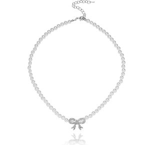 Bow Necklace Butterfly Trendy Dainty Choker Sparkly 5MM Fake String Of Pearls Nice Chunky Short Crystal Rhinestone Pendant Necklace for Women Wedding BirthdayProm ，Suitable for Mother's Day and Christmas Day in Saudi Arabia