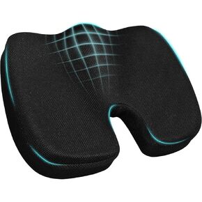 Ergonomic Seat Cushion with Memory Foam for Office Chair, Car Seat, Non-Slip Cushion, Sciatica & Tailbone Relief, Breathable Mesh Cover, Portable Handle - Black in Kuwait