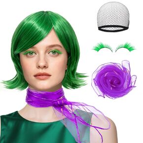Women Green Costume Disgust Wig, St. Patrick's Day Costumes Scarf and False Eyelashes, Short Wavy Green Cosplay Wigs for Adults Halloween Costume Anime Cosplay in Kuwait