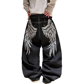 Men's Wide Leg Jeans Large Wings Print Pattern on Back Pocket Baggy Loose Fit Denim Pants Skater Hip Hop Jeans in Kuwait