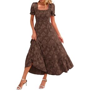 Lazysmile Women's Summer Boho Floral Maxi Dress Short Sleeve Square Neck Smocked Ruffle Elegant Wedding Guest Dress in Kuwait