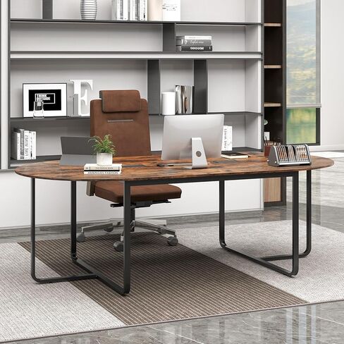 Nightcore 8 FT Oval Conference Table, 95" x 48" x 30" Large Meeting Table with Cable Holes and Strong Metal Frame for Office, Business Style Training Table for 12 People, Rustic Brown & Black in Saudi Arabia