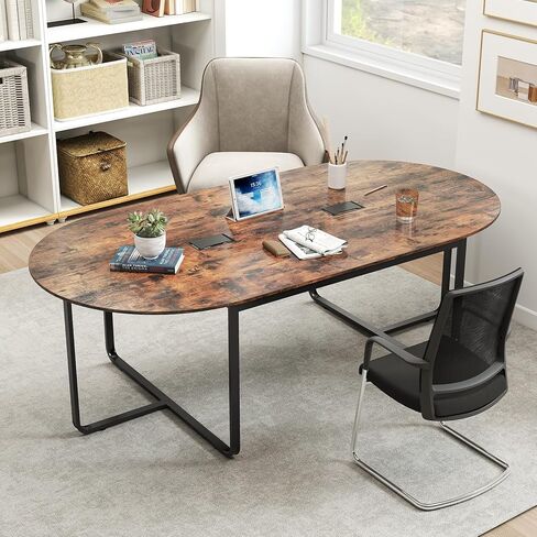Nightcore 8 FT Oval Conference Table, 95" x 48" x 30" Large Meeting Table with Cable Holes and Strong Metal Frame for Office, Business Style Training Table for 12 People, Rustic Brown & Black in Saudi Arabia