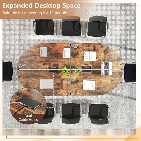 Nightcore 8 FT Oval Conference Table, 95" x 48" x 30" Large Meeting Table with Cable Holes and Strong Metal Frame for Office, Business Style Training Table for 12 People, Rustic Brown & Black in Saudi Arabia