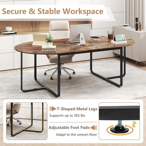 Nightcore 8 FT Oval Conference Table, 95" x 48" x 30" Large Meeting Table with Cable Holes and Strong Metal Frame for Office, Business Style Training Table for 12 People, Rustic Brown & Black in Saudi Arabia