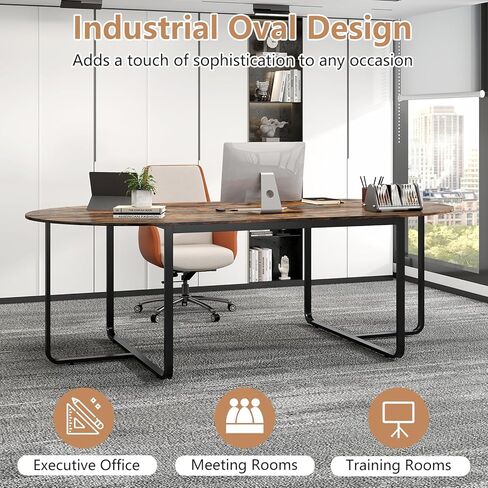 Nightcore 8 FT Oval Conference Table, 95" x 48" x 30" Large Meeting Table with Cable Holes and Strong Metal Frame for Office, Business Style Training Table for 12 People, Rustic Brown & Black in Saudi Arabia