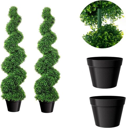 أشجار توبياري حلزونية من خشب البقس الاصطناعي بطول 3.28 قدم، 11 × 11 × 38.2 بوصة نبات صناعي شامل في الهواء الطلق، نباتات خضراء وهمية بأوراق واقعية للشرفة الأمامية، خارجي (عبوتان) in Kuwait