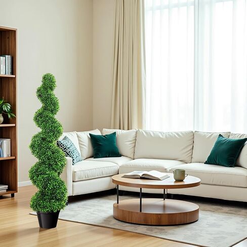 أشجار توبياري حلزونية من خشب البقس الاصطناعي بطول 3.28 قدم، 11 × 11 × 38.2 بوصة نبات صناعي شامل في الهواء الطلق، نباتات خضراء وهمية بأوراق واقعية للشرفة الأمامية، خارجي (عبوتان) in Kuwait