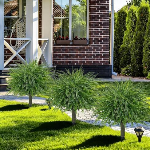 مجموعة توبياري خارجية مقاس 60.96 سم مكونة من شجرتين كرويتين اصطناعيتين مع سرخس للشجيرات المزيفة المقاومة للأشعة فوق البنفسجية للشرفة الأمامية مع ارتفاع لديكور فناء الحديقة in Kuwait