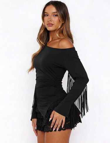Fringe Western Tops for Women Country Concert Outfits Long Sleeve Cowgirl Shirt One Shoulder Tassels Asymmetrical Top in Saudi Arabia