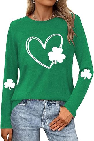 قميص عيد القديس باتريك للسيدات: تي شيرت بأكمام طويلة على شكل قلب Lucky Clover تي شيرت St Patty's Day بأكمام طويلة هدية تي شيرت علوي in Saudi Arabia