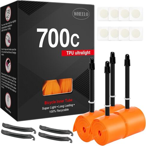 WHEELO 4-Pack TPU 700C×18-32C الأنبوب الداخلي للدراجة: أنبوب دراجة طريق خفيف الوزن مع صمامات بريستا 45/65/85 مم (تشمل 8 قطع طقم إصلاح رقعة أنبوب الدراجة) in Kuwait