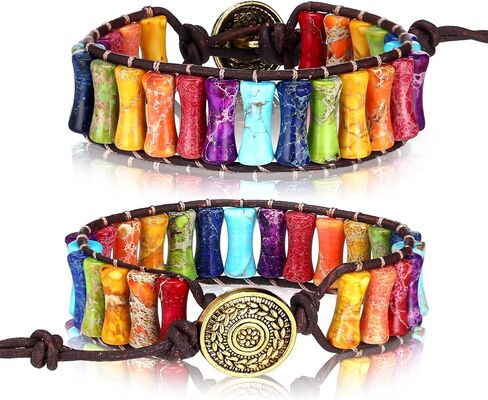 Kenning 2 Pcs 7 Chakra Bracelets for Women Handmade Natural Jasper Stone with Adjustable Real Leather Strand Healing Bead Bracelet Women Men Boho Friendship Jewelry in Saudi Arabia