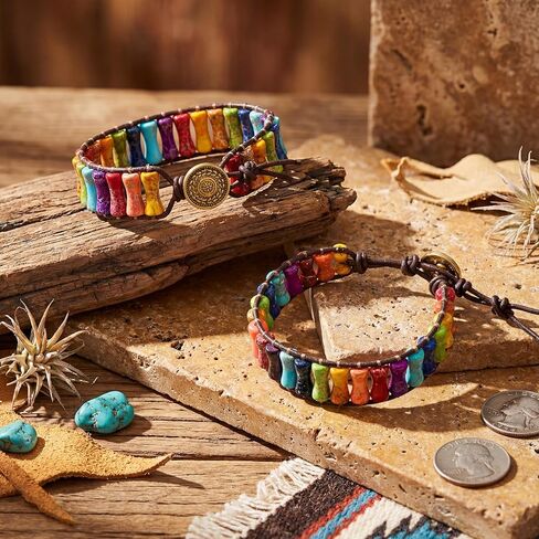Kenning 2 Pcs 7 Chakra Bracelets for Women Handmade Natural Jasper Stone with Adjustable Real Leather Strand Healing Bead Bracelet Women Men Boho Friendship Jewelry in Saudi Arabia