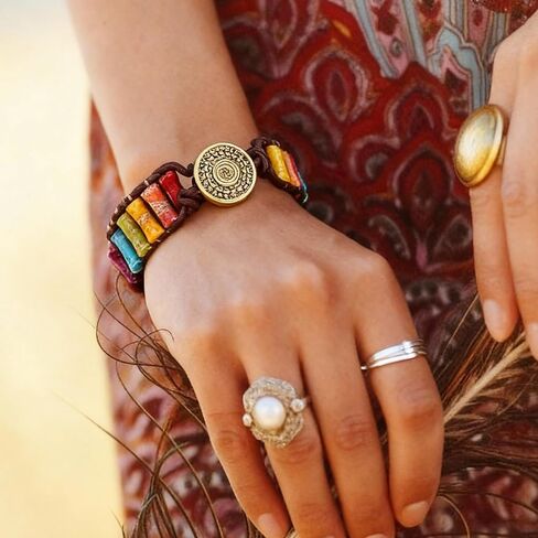 Kenning 2 Pcs 7 Chakra Bracelets for Women Handmade Natural Jasper Stone with Adjustable Real Leather Strand Healing Bead Bracelet Women Men Boho Friendship Jewelry in Saudi Arabia