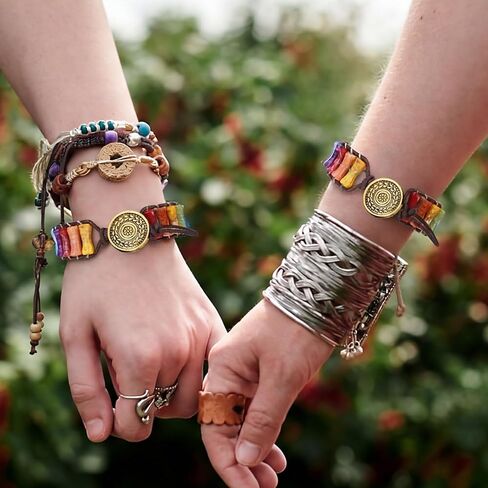 Kenning 2 Pcs 7 Chakra Bracelets for Women Handmade Natural Jasper Stone with Adjustable Real Leather Strand Healing Bead Bracelet Women Men Boho Friendship Jewelry in Saudi Arabia