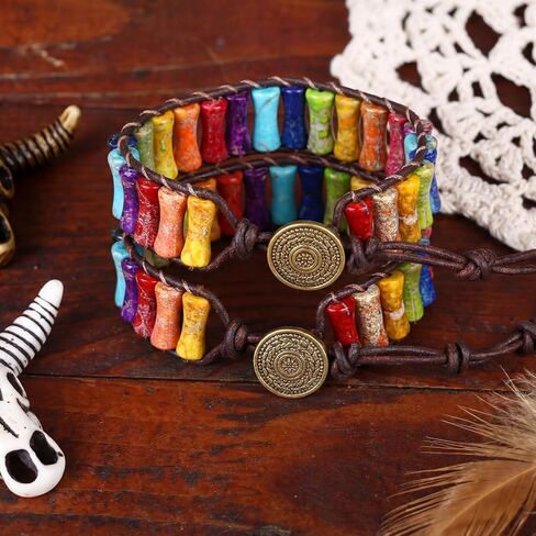 Kenning 2 Pcs 7 Chakra Bracelets for Women Handmade Natural Jasper Stone with Adjustable Real Leather Strand Healing Bead Bracelet Women Men Boho Friendship Jewelry in Saudi Arabia
