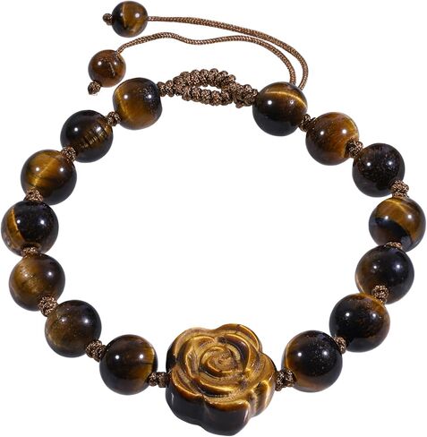 SUNYIK Carved Rose Flower Stone Beaded Bracelet, 8mm Round Bead Bracelet for Women Healing Crystal Romantic Gift for Her in Saudi Arabia
