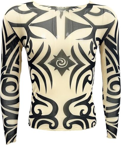 Men's See through Fake Tattoo Tribal Inspired Print Long Sleeve T Shirt Tops Cosplay Party Costume in Kuwait