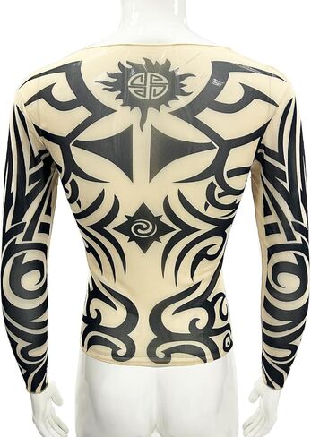 Men's See through Fake Tattoo Tribal Inspired Print Long Sleeve T Shirt Tops Cosplay Party Costume in Kuwait