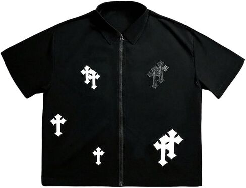 WDIRARA Men's Gothic Cross Graphic Zip Up Shirts Short Sleeve Collared Tops Streetwear in Saudi Arabia