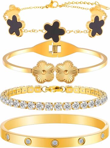 مجموعة أساور من البرسيم مطلية بالذهب 18 قيراط للنساء، سوار تنس قابل للتكديس وقابل للتعديل، مجوهرات هدية غير مشوهة لعيد الميلاد وعيد الحب وعيد الأم in Kuwait