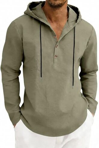 Mens Cotton Linen Hoodies Long Sleeve Button Down Shirts Casual Hawaiian Beach Yoga Sweatshirts in Kuwait