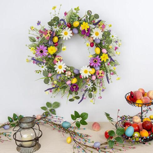 إكليل عيد الفصح الاصطناعي 22 بوصة أكاليل عيد الفصح للباب الأمامي إكليل البيض الملون مع الزهور والأوراق الخضراء لربيع وصيف جدار الشرفة المزرعة in Kuwait