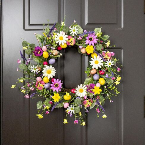 إكليل عيد الفصح الاصطناعي 22 بوصة أكاليل عيد الفصح للباب الأمامي إكليل البيض الملون مع الزهور والأوراق الخضراء لربيع وصيف جدار الشرفة المزرعة in Kuwait