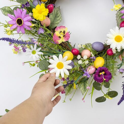 إكليل عيد الفصح الاصطناعي 22 بوصة أكاليل عيد الفصح للباب الأمامي إكليل البيض الملون مع الزهور والأوراق الخضراء لربيع وصيف جدار الشرفة المزرعة in Kuwait