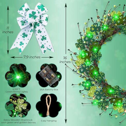 ديكورات عيد القديس باتريك من Enhon، إكليل عيد القديس باتريك مقاس 16 بوصة للباب الأمامي، إكليل البرسيم المضاء مع القوس وأضواء LED، ديكور زنبركي صناعي مقاوم للماء لجدار الشرفة المنزلية in Kuwait