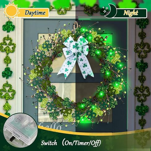 ديكورات عيد القديس باتريك من Enhon، إكليل عيد القديس باتريك مقاس 16 بوصة للباب الأمامي، إكليل البرسيم المضاء مع القوس وأضواء LED، ديكور زنبركي صناعي مقاوم للماء لجدار الشرفة المنزلية in Kuwait