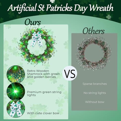 ديكورات عيد القديس باتريك من Enhon، إكليل عيد القديس باتريك مقاس 16 بوصة للباب الأمامي، إكليل البرسيم المضاء مع القوس وأضواء LED، ديكور زنبركي صناعي مقاوم للماء لجدار الشرفة المنزلية in Kuwait