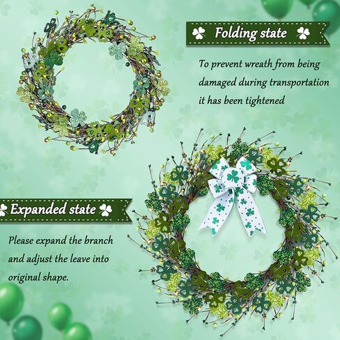 ديكورات عيد القديس باتريك من Enhon، إكليل عيد القديس باتريك مقاس 16 بوصة للباب الأمامي، إكليل البرسيم المضاء مع القوس وأضواء LED، ديكور زنبركي صناعي مقاوم للماء لجدار الشرفة المنزلية in Kuwait