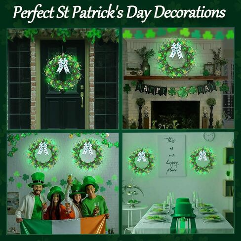 ديكورات عيد القديس باتريك من Enhon، إكليل عيد القديس باتريك مقاس 16 بوصة للباب الأمامي، إكليل البرسيم المضاء مع القوس وأضواء LED، ديكور زنبركي صناعي مقاوم للماء لجدار الشرفة المنزلية in Kuwait