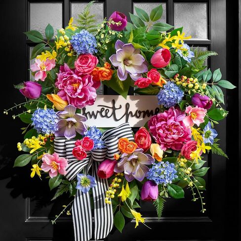 Spring Wreaths for Front Door Outside– 24 Inch Spring Door Wreath with Pink Peonies, Roses,Blue Hydrangeas&Yellow Tulips,Colorful Welcome Summer Wreaths for Front Door Porch & Entryway Decor in Kuwait